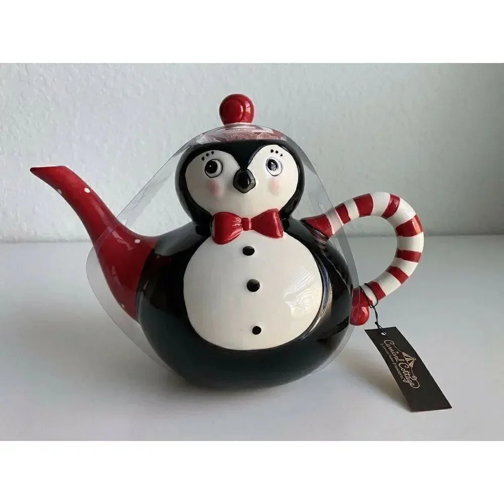 Johanna Parker Carnival Cottage Ceramic PENGUIN Christmas TEAPOT Candy Cane NEW